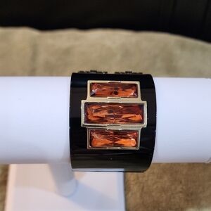 Lee Angel Black Metal Hinged Cuff Bracelet with Peach Faceted Stones